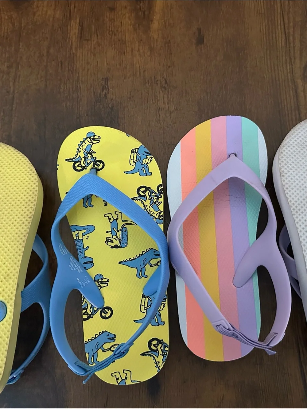 Kids Yellow Dinosaur Flip Flops - Blue Straps